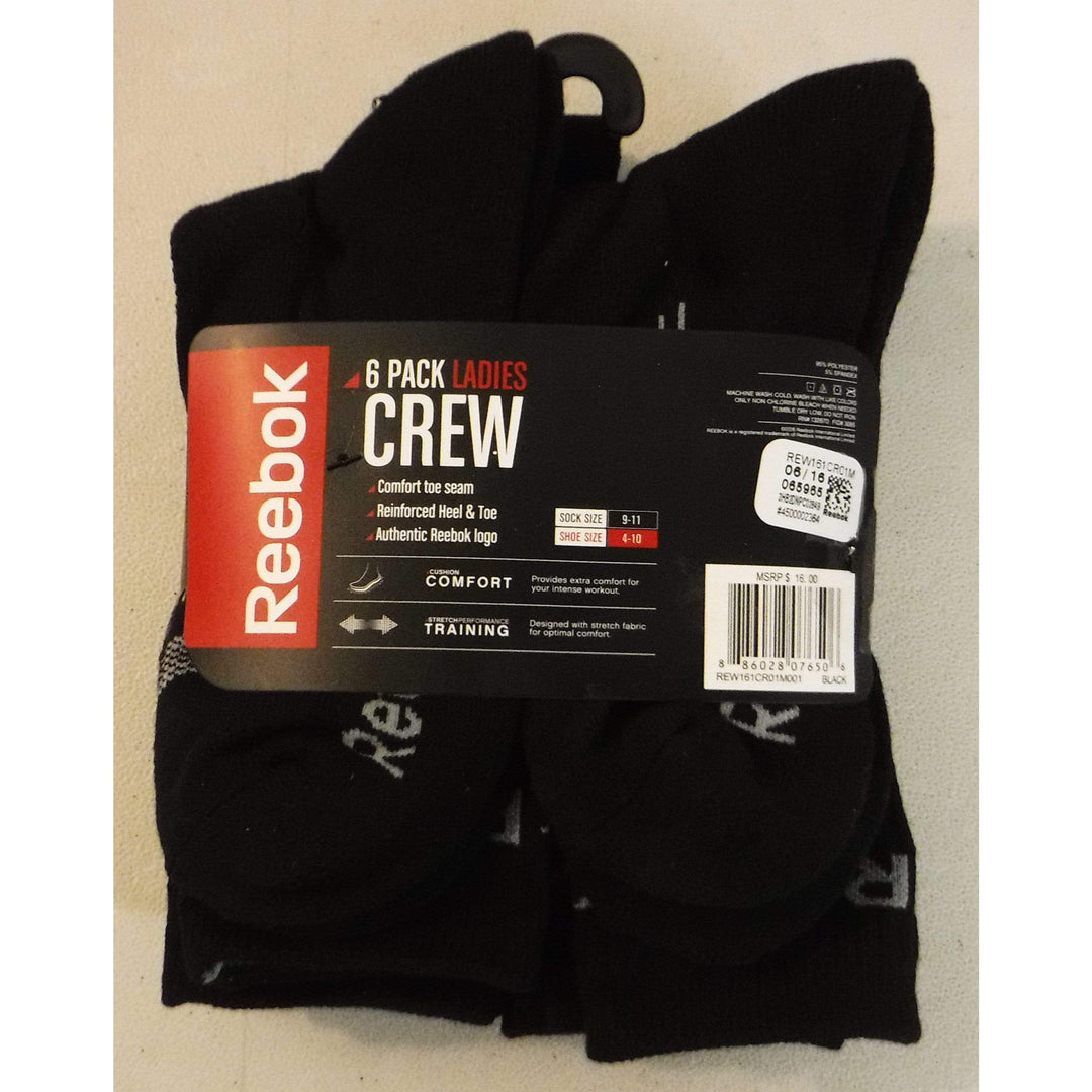 Reebok 6-Pack Ladies Crew Performance Socks with comfort toe seam and reinforced heel.