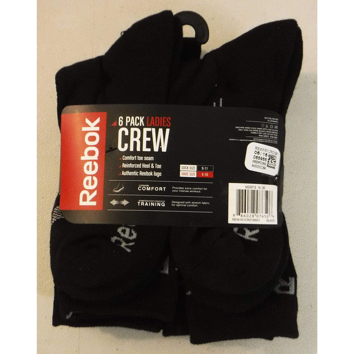 Reebok 6-Pack Ladies Crew Performance Socks with comfort toe seam and reinforced heel.