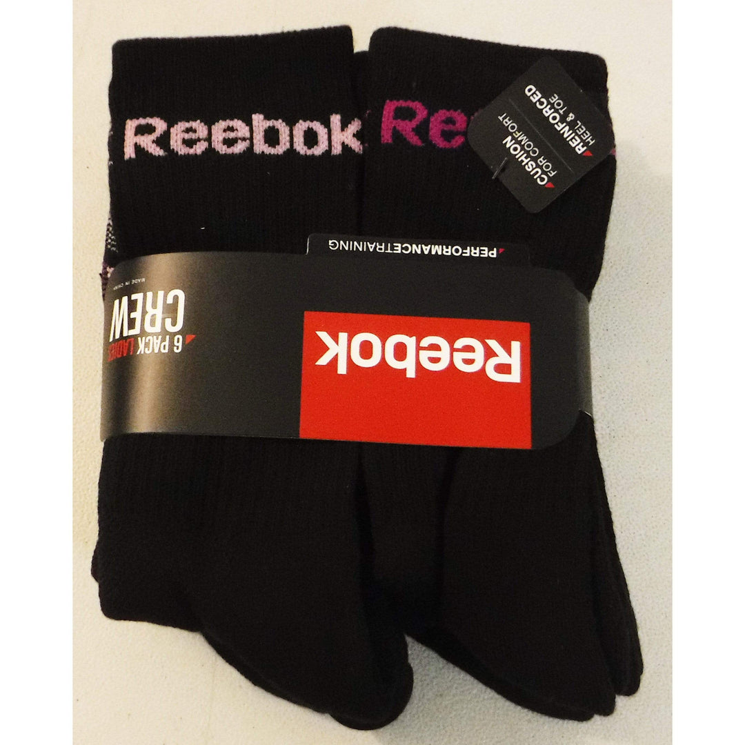 Reebok 6-Pack Ladies Crew Performance Socks with comfort toe seam and reinforced heel.