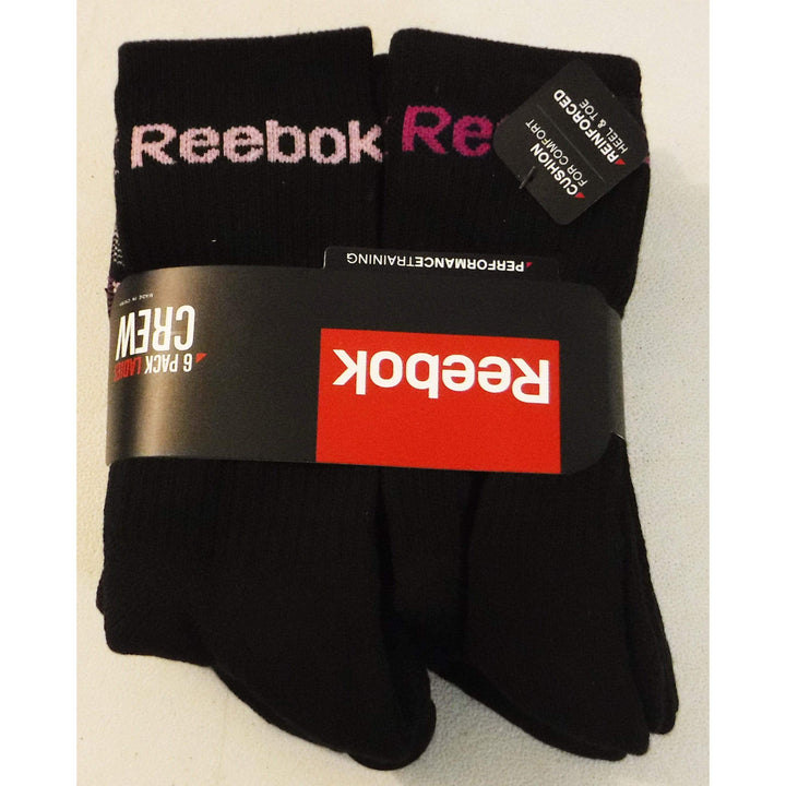 Reebok 6-Pack Ladies Crew Performance Socks with comfort toe seam and reinforced heel.