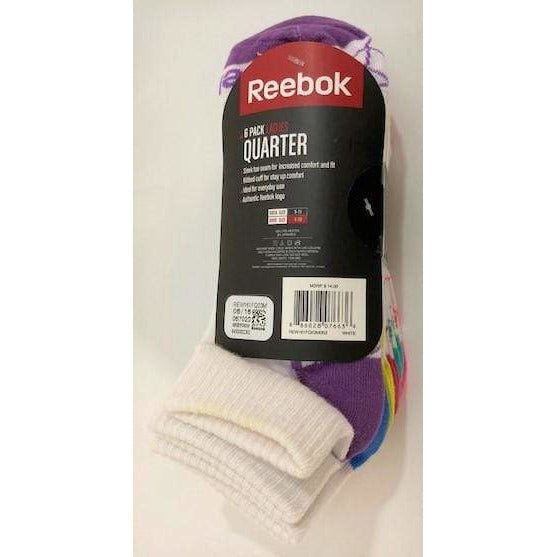Reebok 6-Pack Ladies Quarter Cut Performance Socks with comfort toe seam and reinforced heel.