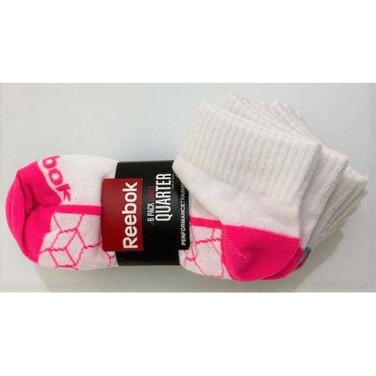 Reebok 6-Pack Ladies Quarter Cut Performance Socks with comfort toe seam and reinforced heel.