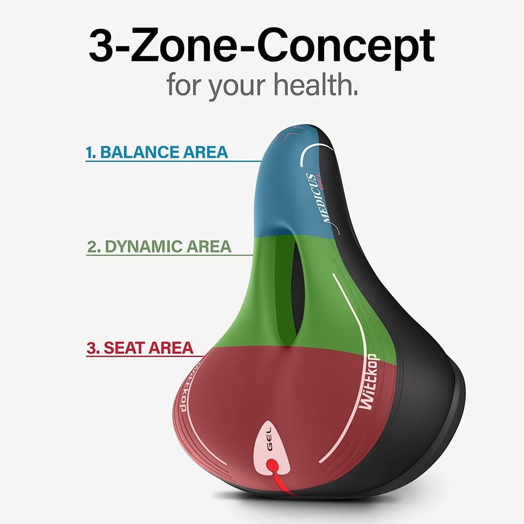 Wittkop Comfort Gel Bike Seat with Innovative 3 Zone Concept I Soft Padded Bicycle seat for Men and Women, Wide Bike Saddle for Exercise in- & Outdoor