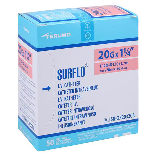 20G x 1-1/4" Ref SR-OX2032CA Terumo Surflash IV Catheter (50-Box)