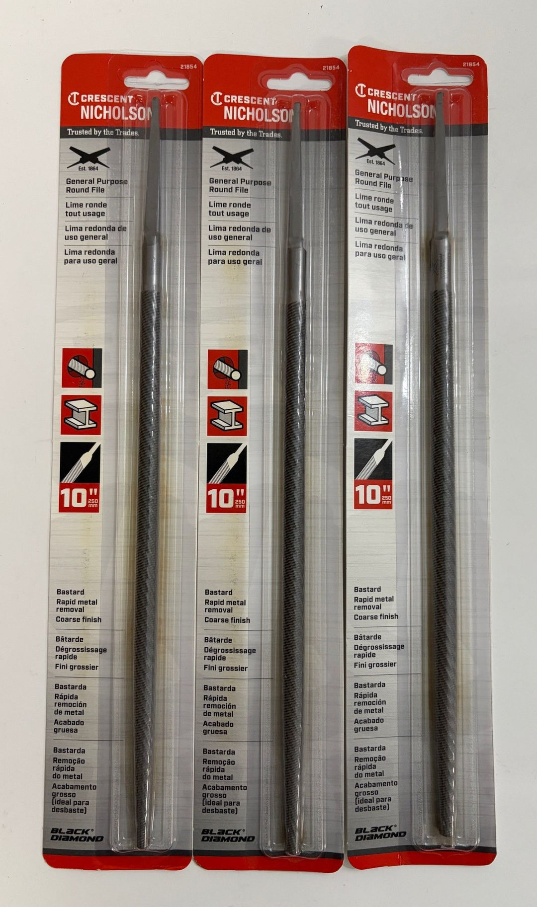 Three 10-inch general purpose round files by Apex Tool Group in clear packaging, designed for rapid metal removal with a coarse finish for industrial and hardware use.