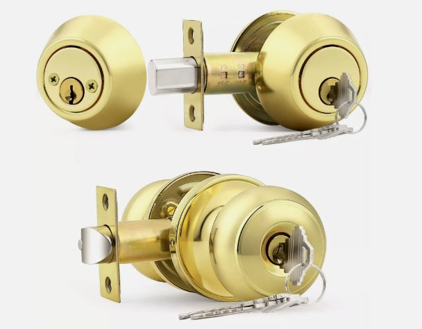 Probrico polished brass round ball entry door knob & deadbolt set, keyed alike for security and convenience.