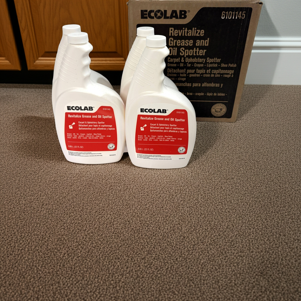 Two bottles of Ecolab Revitalize Grease and Oil Spotter on a carpeted floor with a cardboard box in the background.