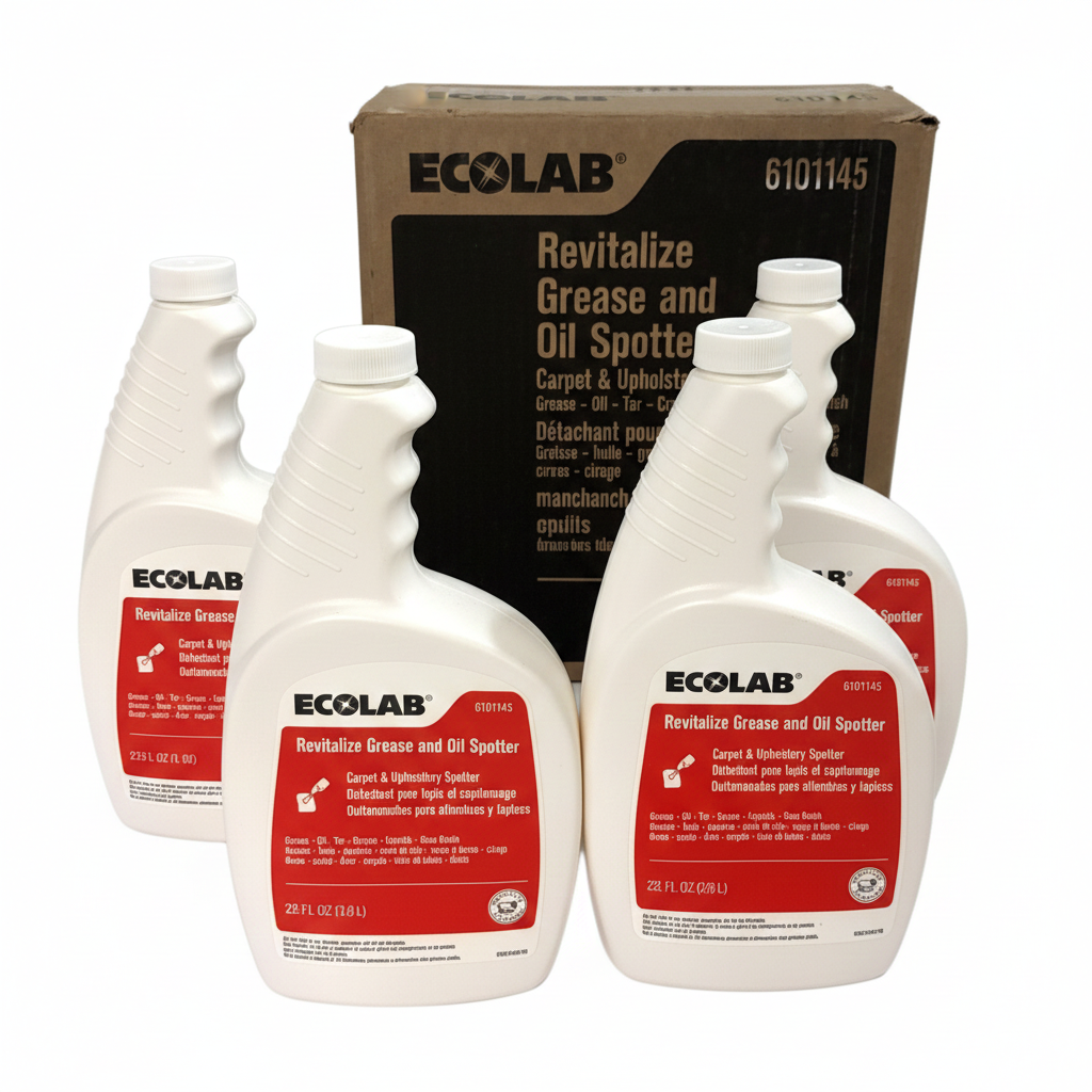Four bottles of Ecolab Revitalize Grease and Oil Spotter with a cardboard box in the background.