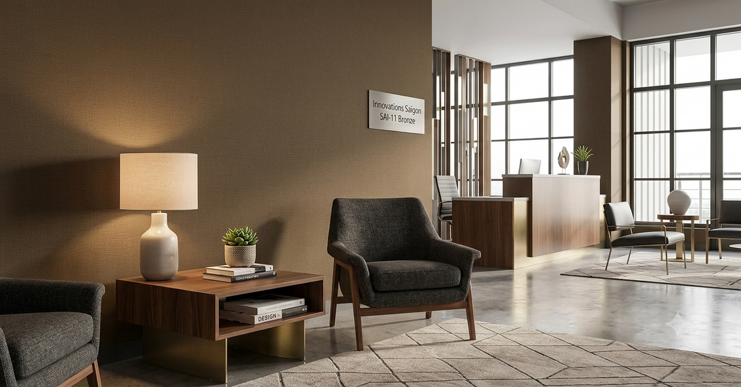 Modern commercial interior featuring textured bronze vinyl wallcovering by Innovations, complemented by mid-century style wooden furniture and soft ambient lighting.