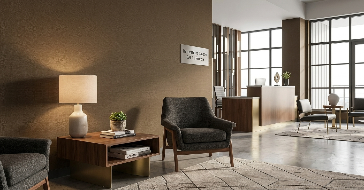 Modern commercial interior featuring textured bronze vinyl wallcovering by Innovations, complemented by mid-century style wooden furniture and soft ambient lighting.