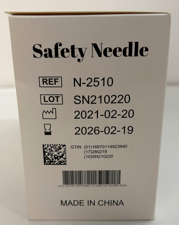 Close-up of a medical safety needle box manufactured by Yangzhou Medline Industry, displaying product reference, lot number, barcode, and manufacturing details.