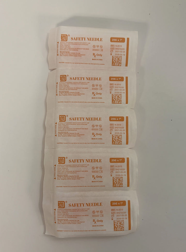 Five individually sealed sterile safety needles labeled with specifications and manufacturer information by Yangzhou Medline Industry, arranged vertically on a white surface.