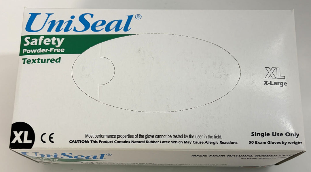 White UniSeal box showing powder-free textured latex exam gloves in extra-large size with safety labeling and caution about natural rubber latex allergy risk.
