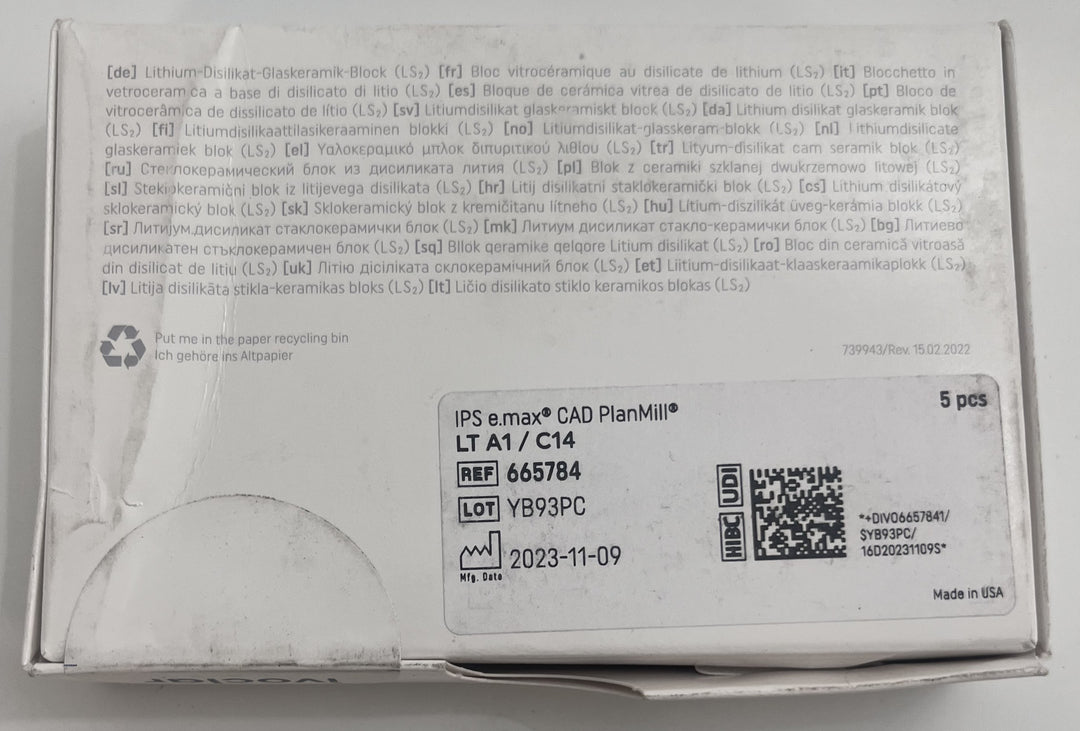 IPS e.max CAD LT A1 C14 Blocks for PlanMill, 5-Pack New & Sealed