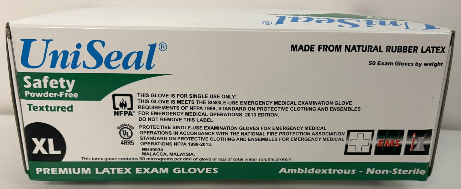 UniSeal box of XL textured powder-free latex exam gloves made from natural rubber latex, labeled for single use in emergency medical settings.