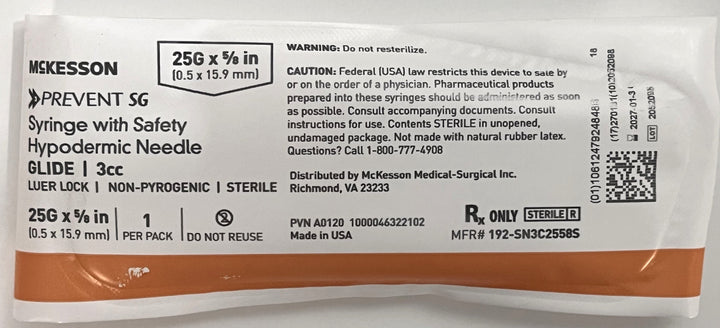 McKesson Prevent SG 3ml Syringe with Glide Safety Needle 25G x 5/8" (50-Pack)