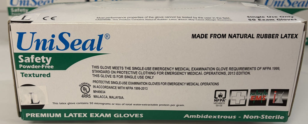 UniSeal Safety box of powder-free textured latex exam gloves made from natural rubber latex, highlighting premium quality and compliance with medical standards.