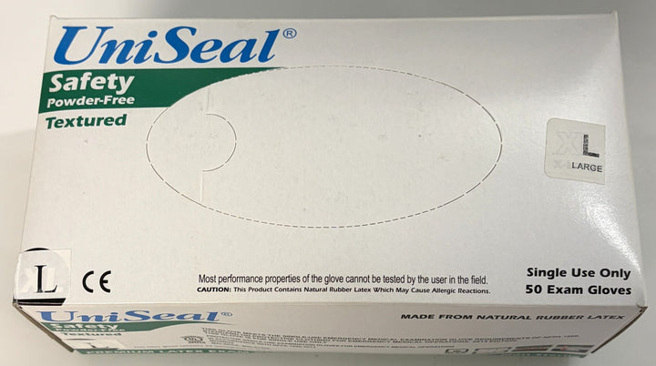 UniSeal Safety large textured latex exam gloves box labeled powder-free, single-use, containing 50 gloves made from natural rubber latex.