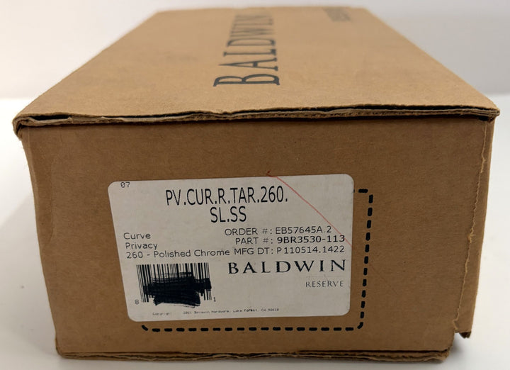 Brown cardboard box labeled Baldwin Reserve containing a polished chrome privacy door lever with curved design, part of Baldwin&