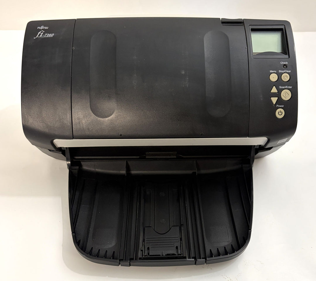 Fujitsu fi-7160 black duplex document scanner with open input tray, control panel, and visible pre-owned wear, sold for parts or repair