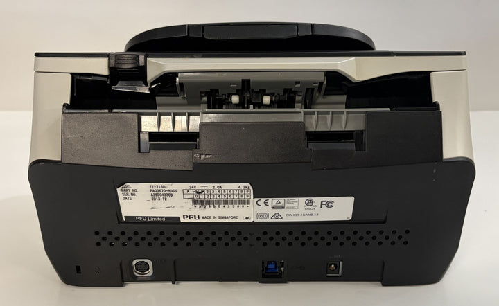 Fujitsu fi-7160 duplex document scanner with black and white housing, rear ports, and open paper feeder, sold for parts or repair