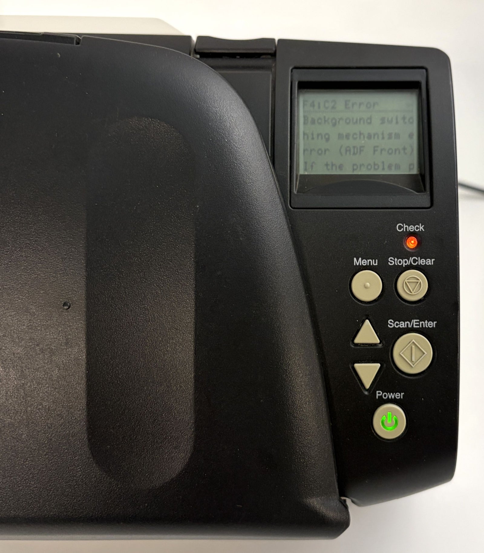 Fujitsu fi 7160 desktop document scanner control panel powered on with an F4 C2 hardware error displayed for parts or repair