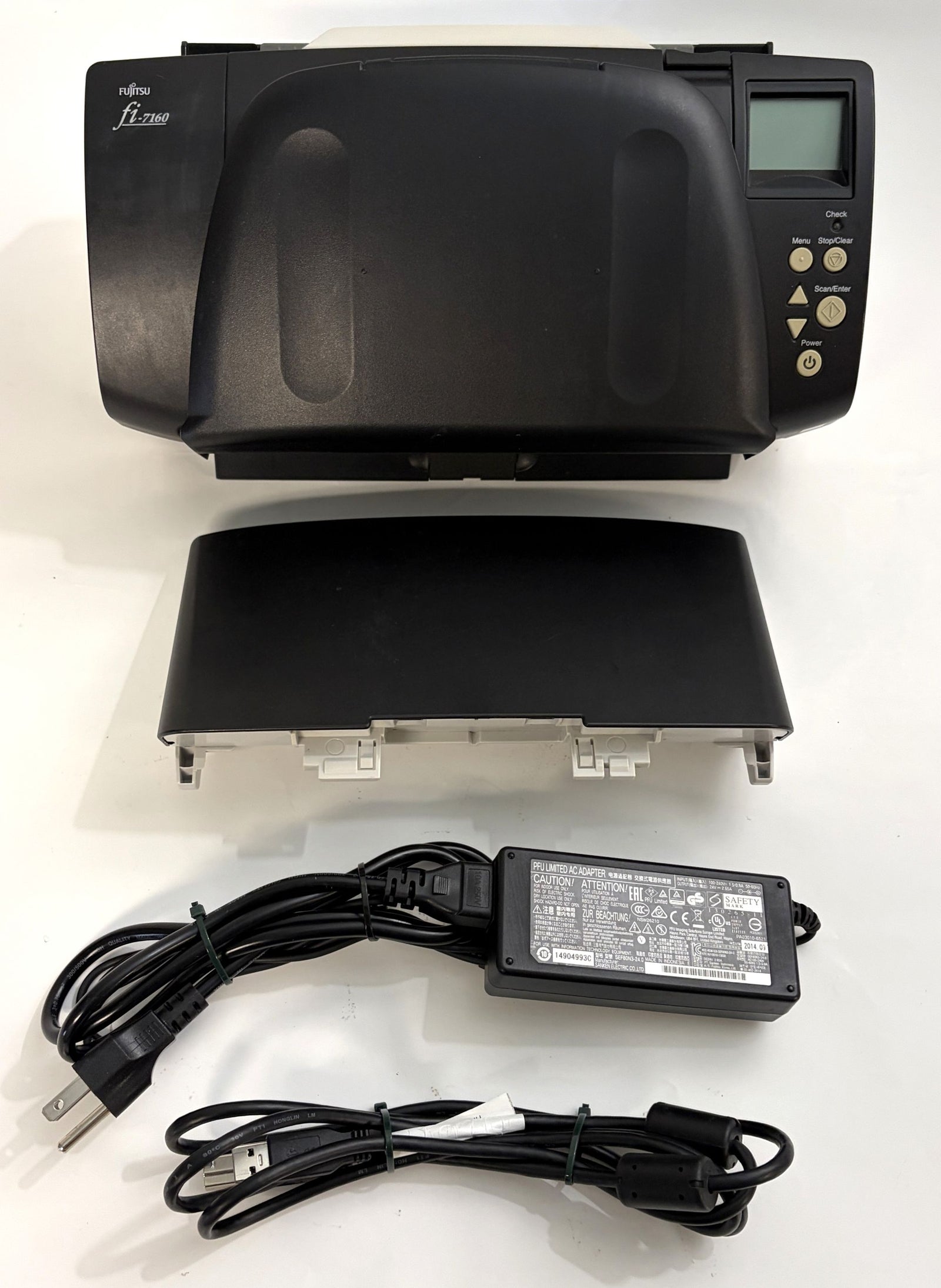 Fujitsu fi-7160 black duplex document scanner with detached tray, OEM power adapter and USB cable, sold for parts or repair