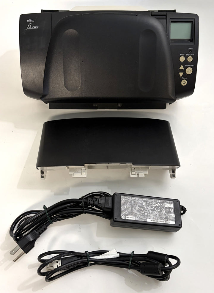 Fujitsu fi-7160 black duplex document scanner with detached tray, OEM power adapter and USB cable, sold for parts or repair