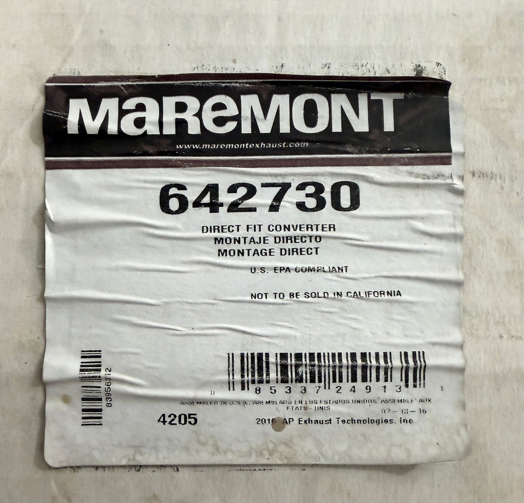 Maremont product label for direct fit converter part number 642730 with U.S. EPA compliance and sale restriction notice for California displayed on textured white packaging.