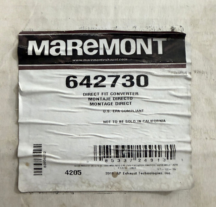 Maremont product label for direct fit converter part number 642730 with U.S. EPA compliance and sale restriction notice for California displayed on textured white packaging.