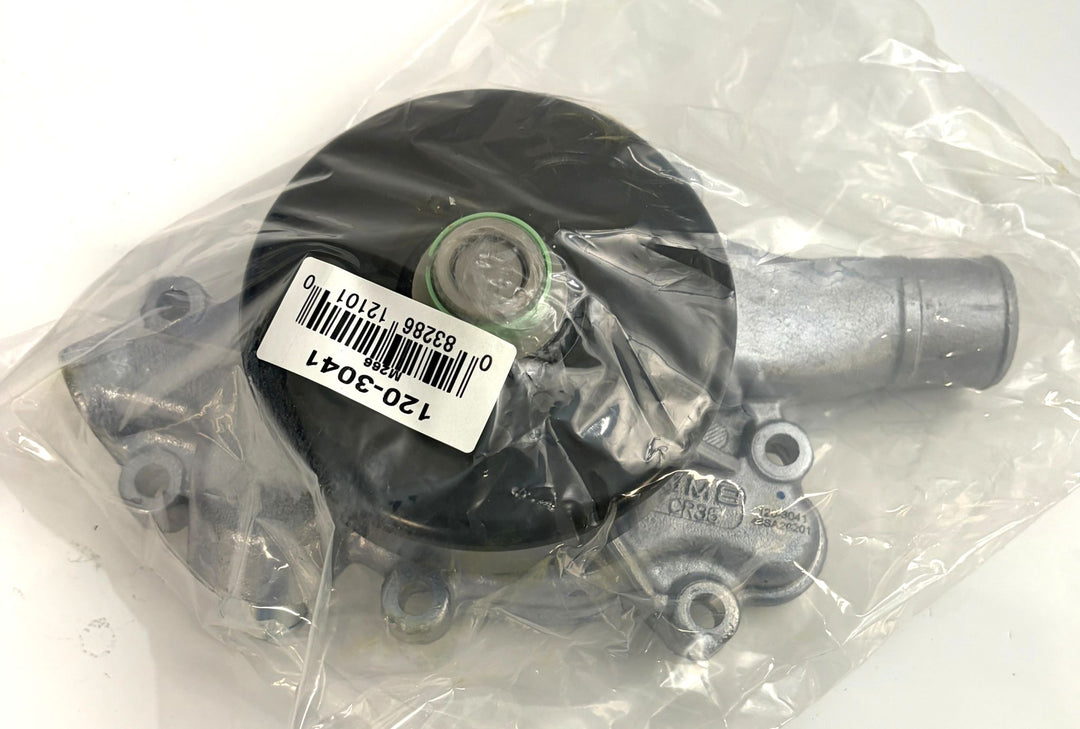 NAPA Tru-Flow engine water pump in plastic packaging, featuring cast aluminum housing and components for automotive cooling system replacement.