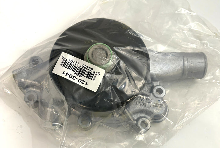 NAPA Tru-Flow engine water pump in plastic packaging, featuring cast aluminum housing and components for automotive cooling system replacement.