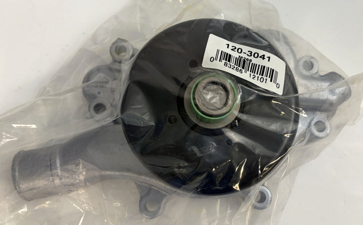 NAPA engine water pump sealed in plastic packaging, showing metal housing and black impeller with visible barcode label.