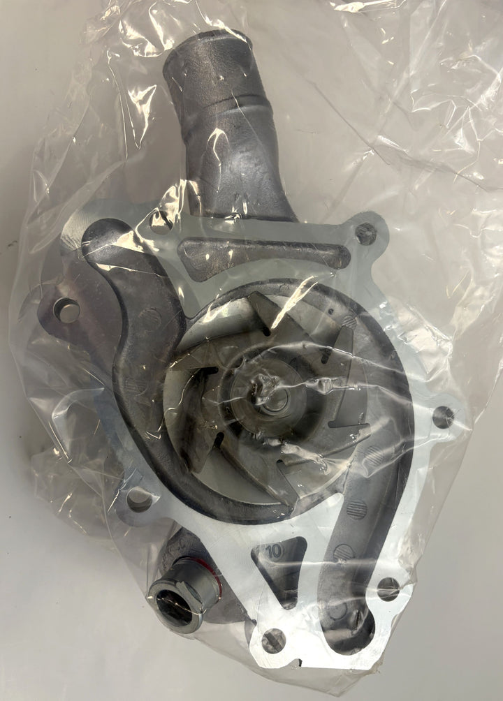 NAPA engine water pump with cast aluminum housing, shown inside protective plastic packaging, designed for automotive cooling systems.