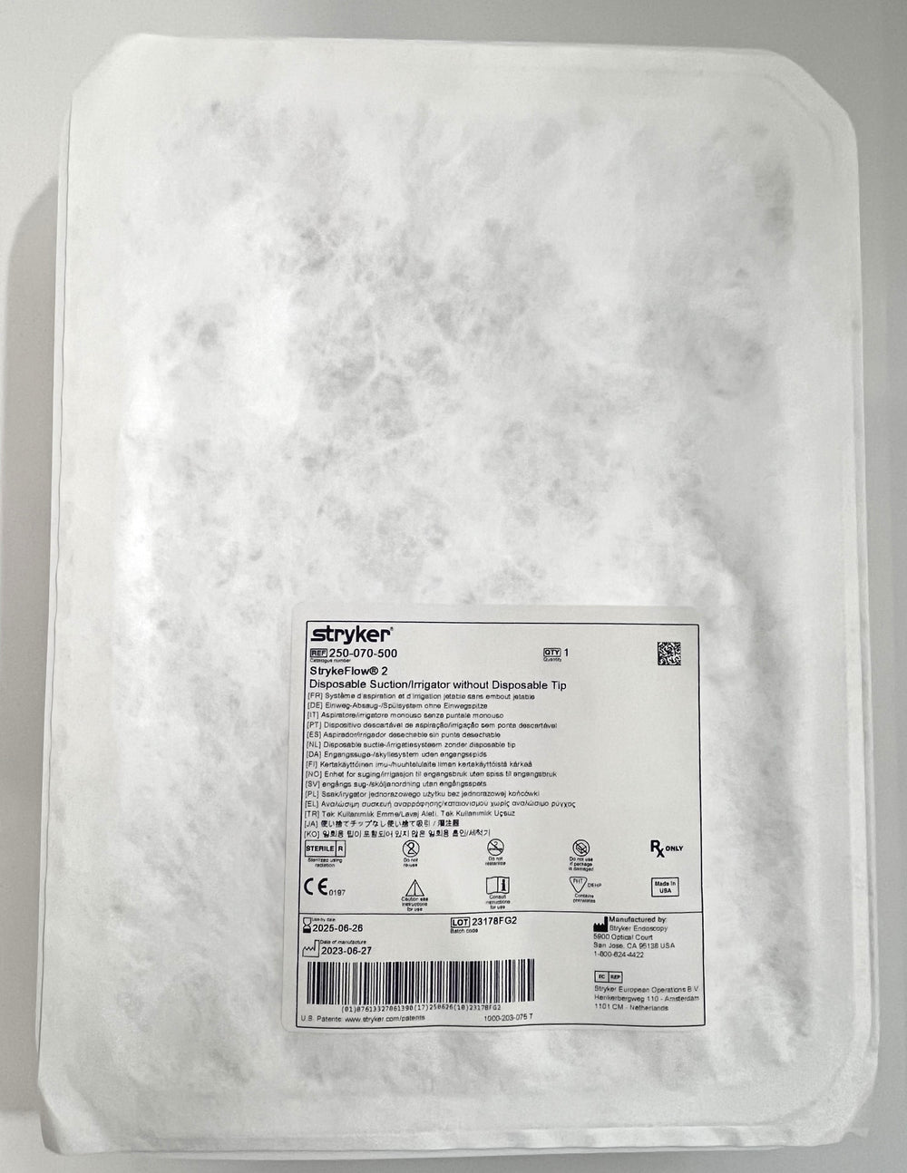 Stryker 250-070-500 StrykeFlow 2 Disposable Suction Irrigator, No Tip, 6-Pack, sterile packaging.