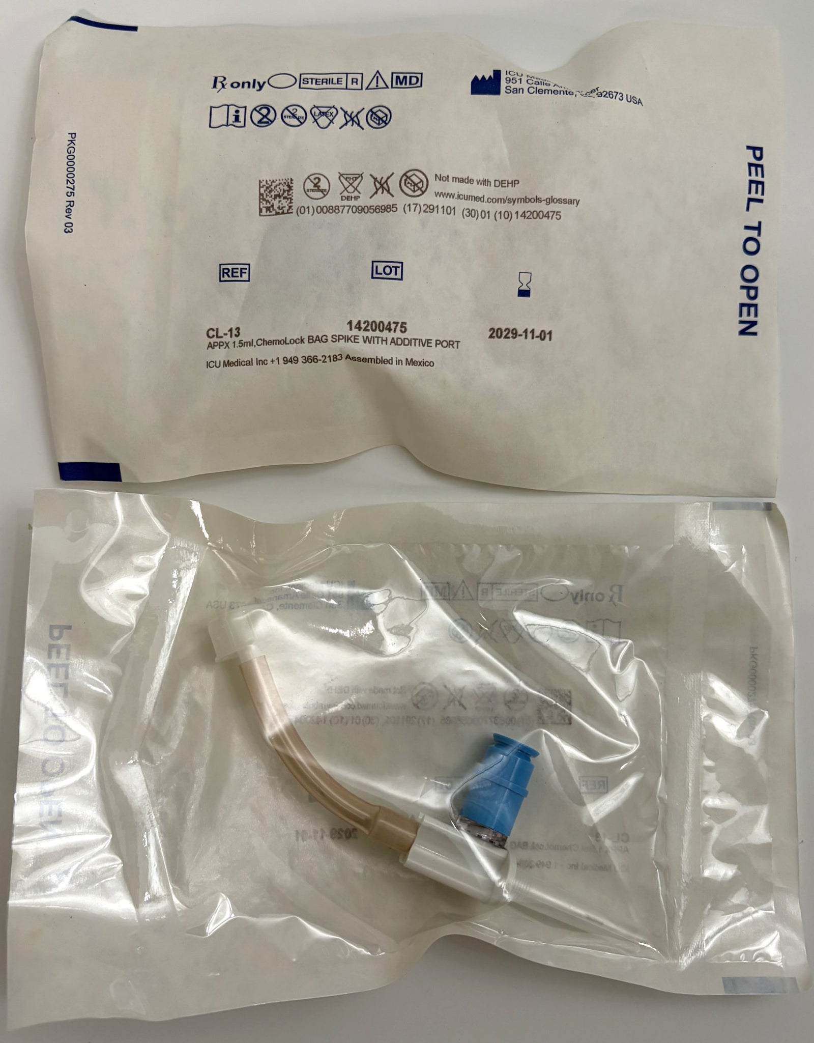 Sterile ICU Medical branded ChemoLock CL-13 bag spike with additive port sealed in clear medical packaging for clinical use.