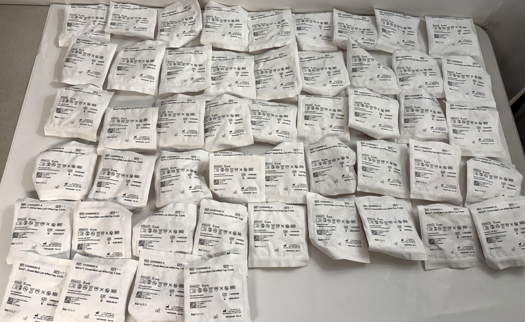 ICU Medical CH2000SC-5 Spiros closed male Luer lock connectors in individually sealed pouches, bulk medical supply lot of 49