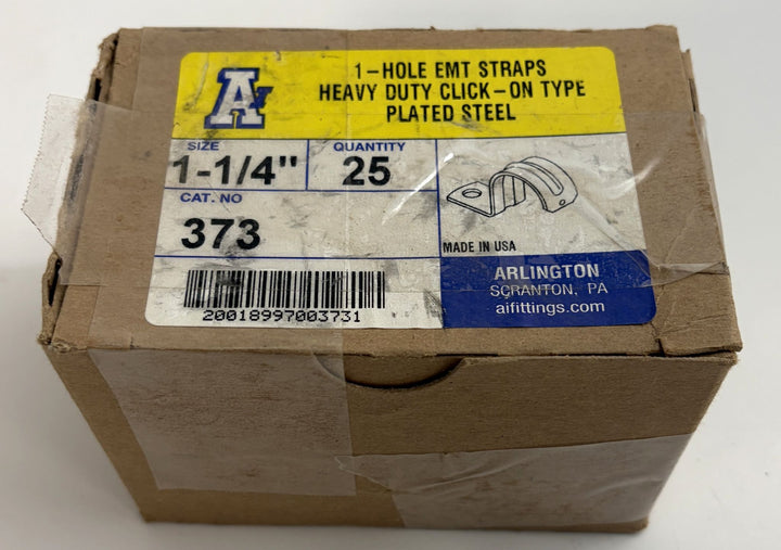 Arlington 373 steel one hole EMT conduit straps in a box labeled 1 1/4 inch size and 25 count heavy duty click on plated steel