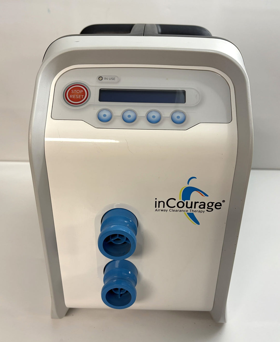 RespirTech InCourage ICS 1M US A airway therapy system with white and gray housing, blue hose ports, display, and control buttons