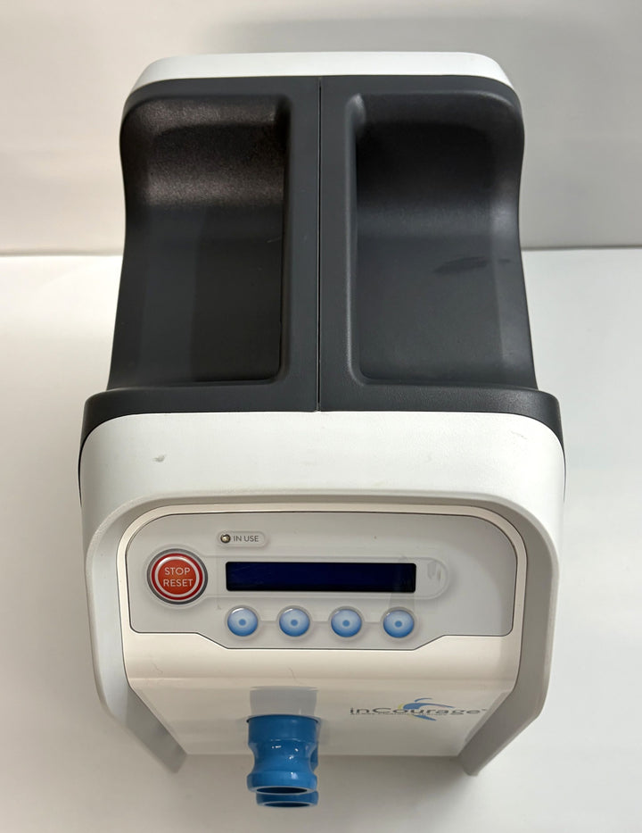 RespirTech InCourage ICS 1M US A airway therapy system in white and black with blue hose connector, pre owned and shown without vest