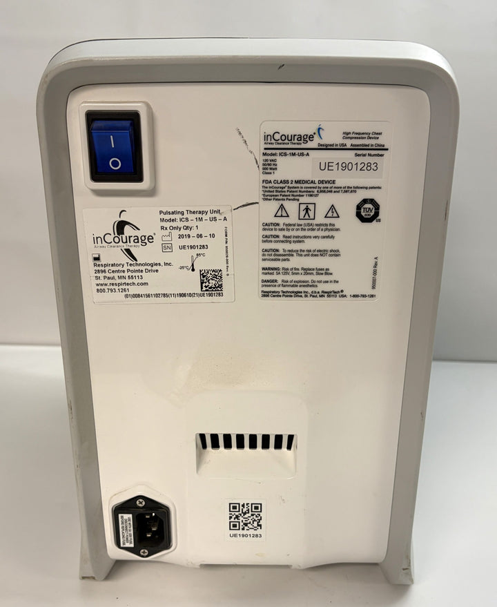 RespirTech InCourage ICS 1M US A airway therapy system rear panel in white and gray with power inlet and switch pre owned medical equipment