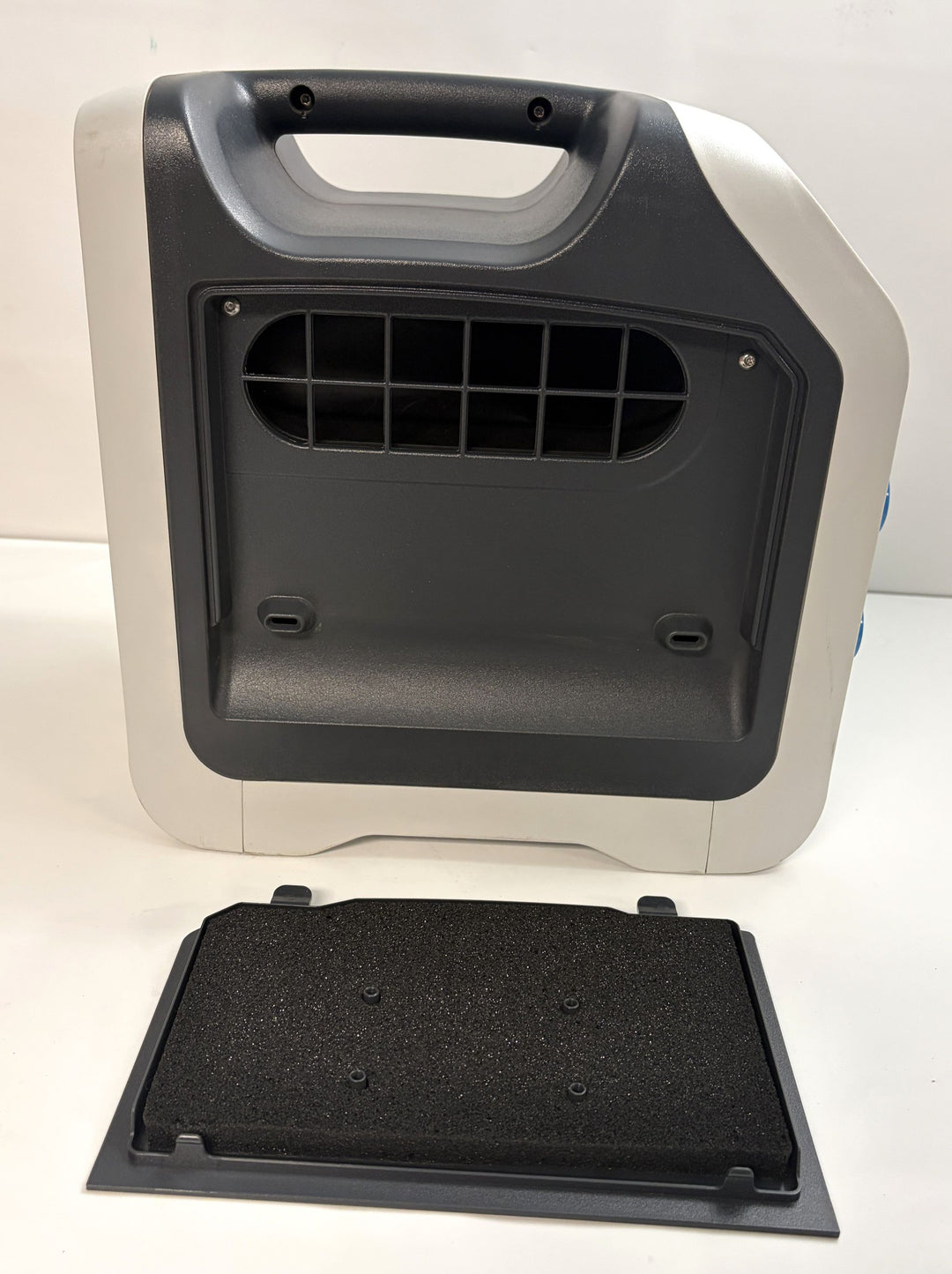 RespirTech InCourage ICS-1M-US-A airway therapy system rear housing with carry handle and detached black access panel, pre-owned medical equipment