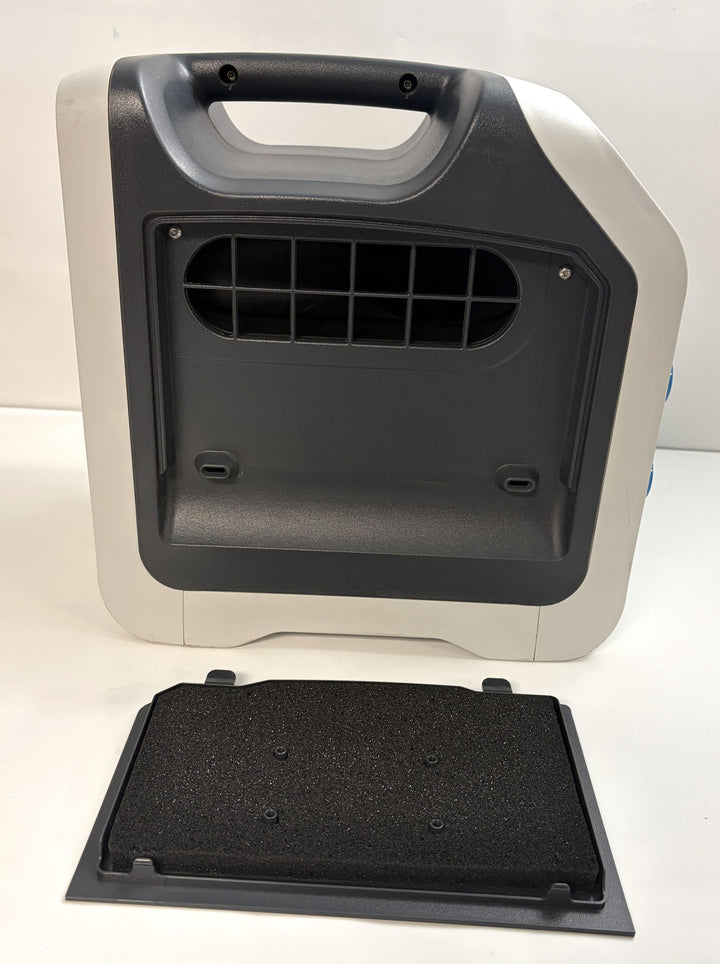 RespirTech InCourage ICS-1M-US-A airway therapy system rear housing with carry handle and detached black access panel, pre-owned medical equipment