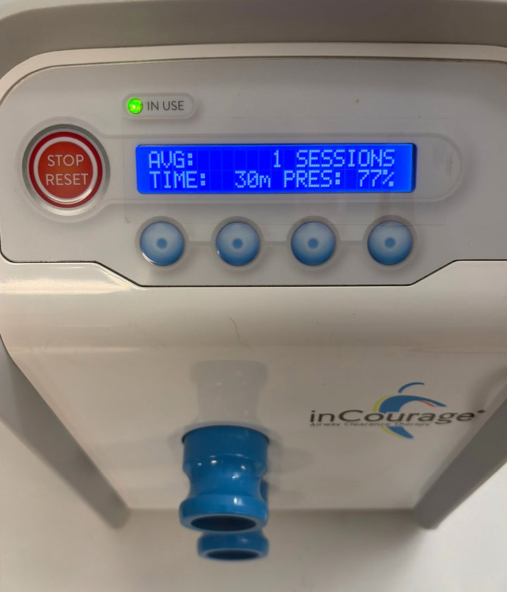 RespirTech InCourage ICS-1M-US-A airway therapy system control panel with blue LCD, stop reset button, and blue hose port, pre-owned