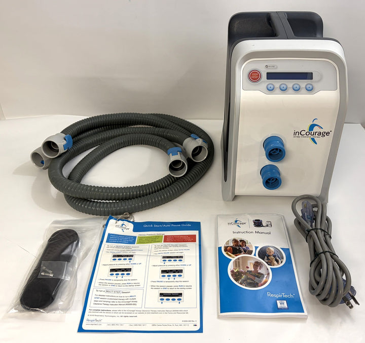 RespirTech InCourage airway therapy system with control unit, hoses, power cord, manuals, and no therapy vest, pre-owned like-new condition