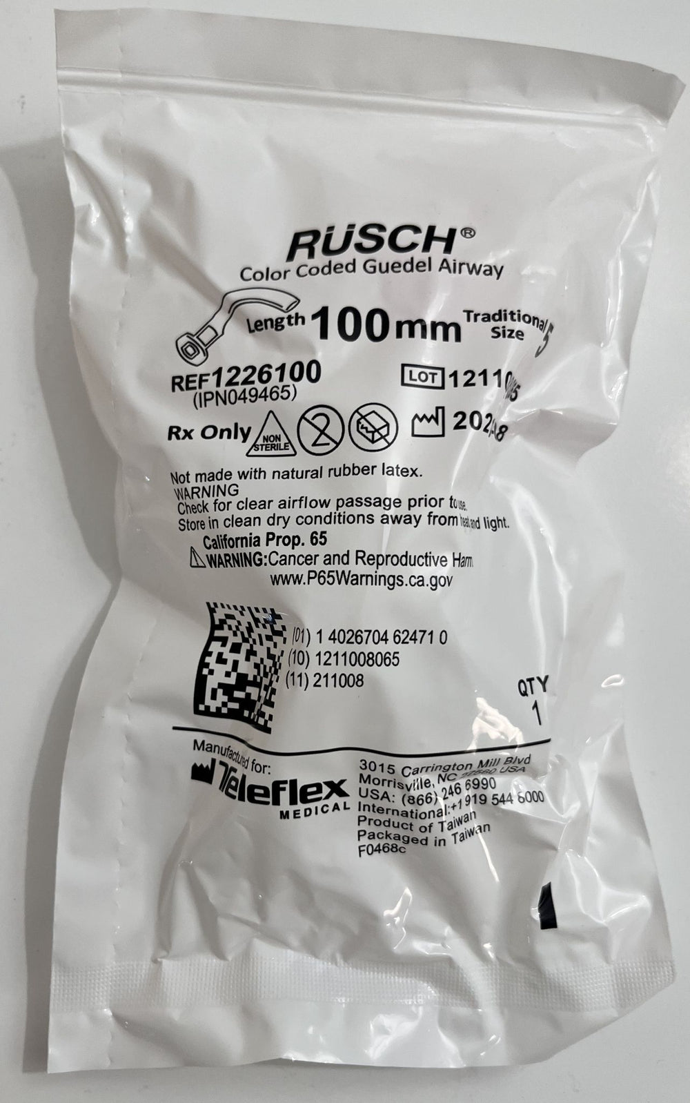 Teleflex Rusch Color Coded Guedal Airway 1226100 Size 5  100mm (Box of 50)