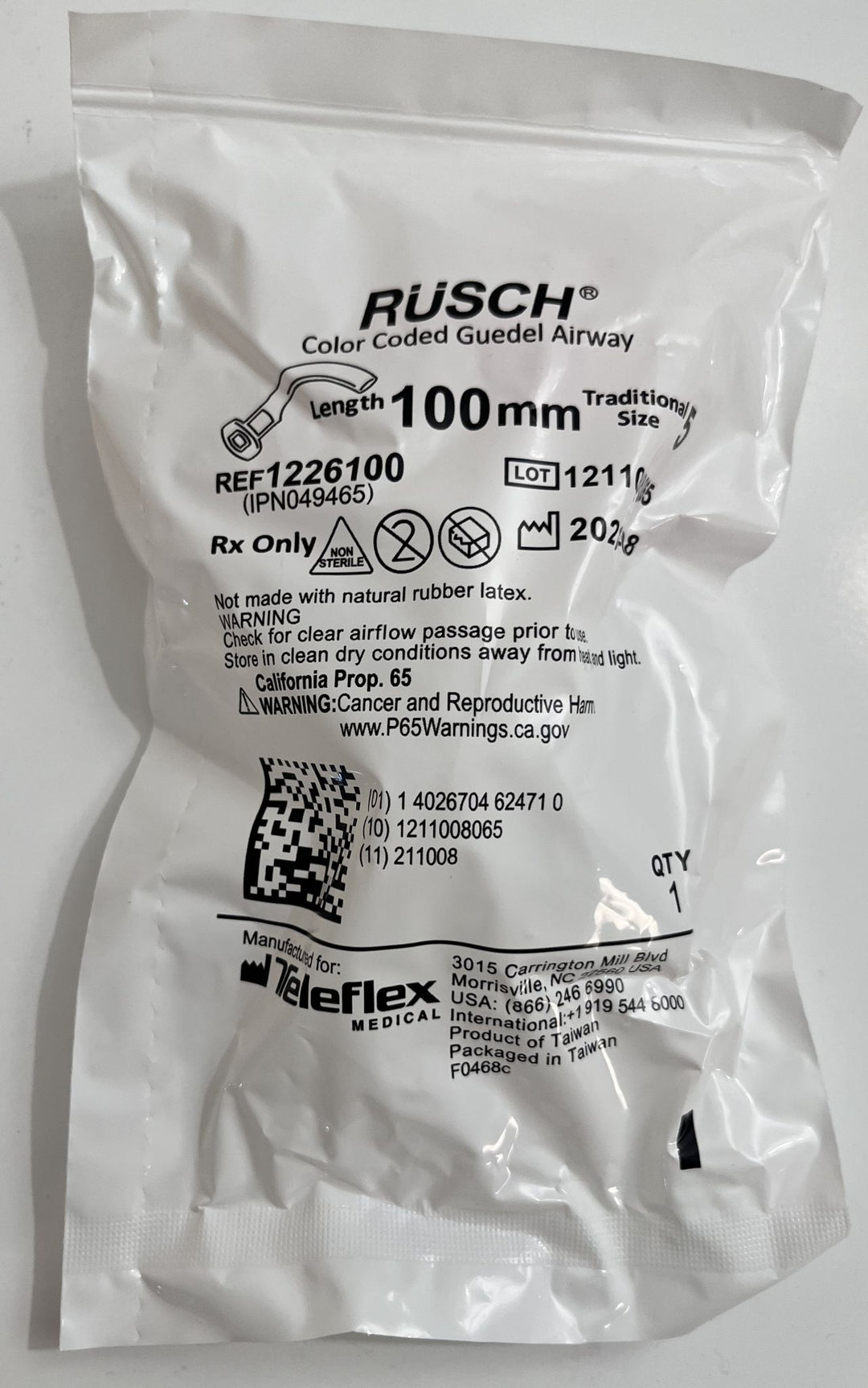 Teleflex Rusch Color Coded Guedal Airway 1226100 Size 5  100mm (Box of 50)