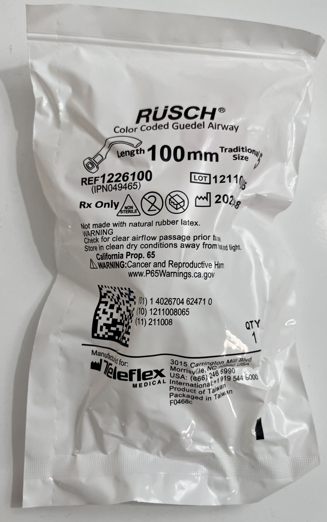 Teleflex Rusch Color Coded Guedal Airway 1226100 Size 5  100mm (Box of 50)
