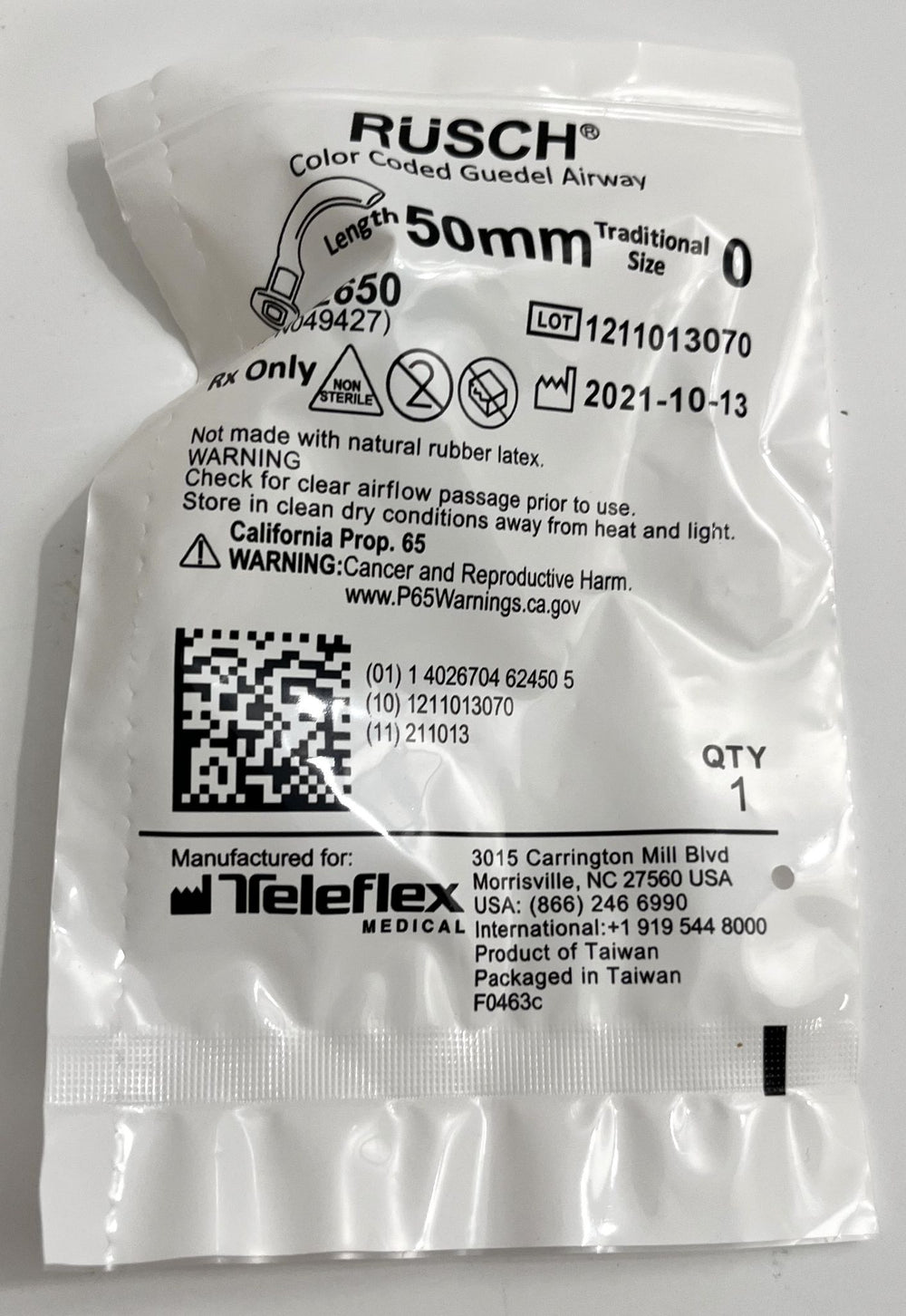 Teleflex Rusch Color Coded Guedal Airway 122650 Size 0 50mm (Box of 50)