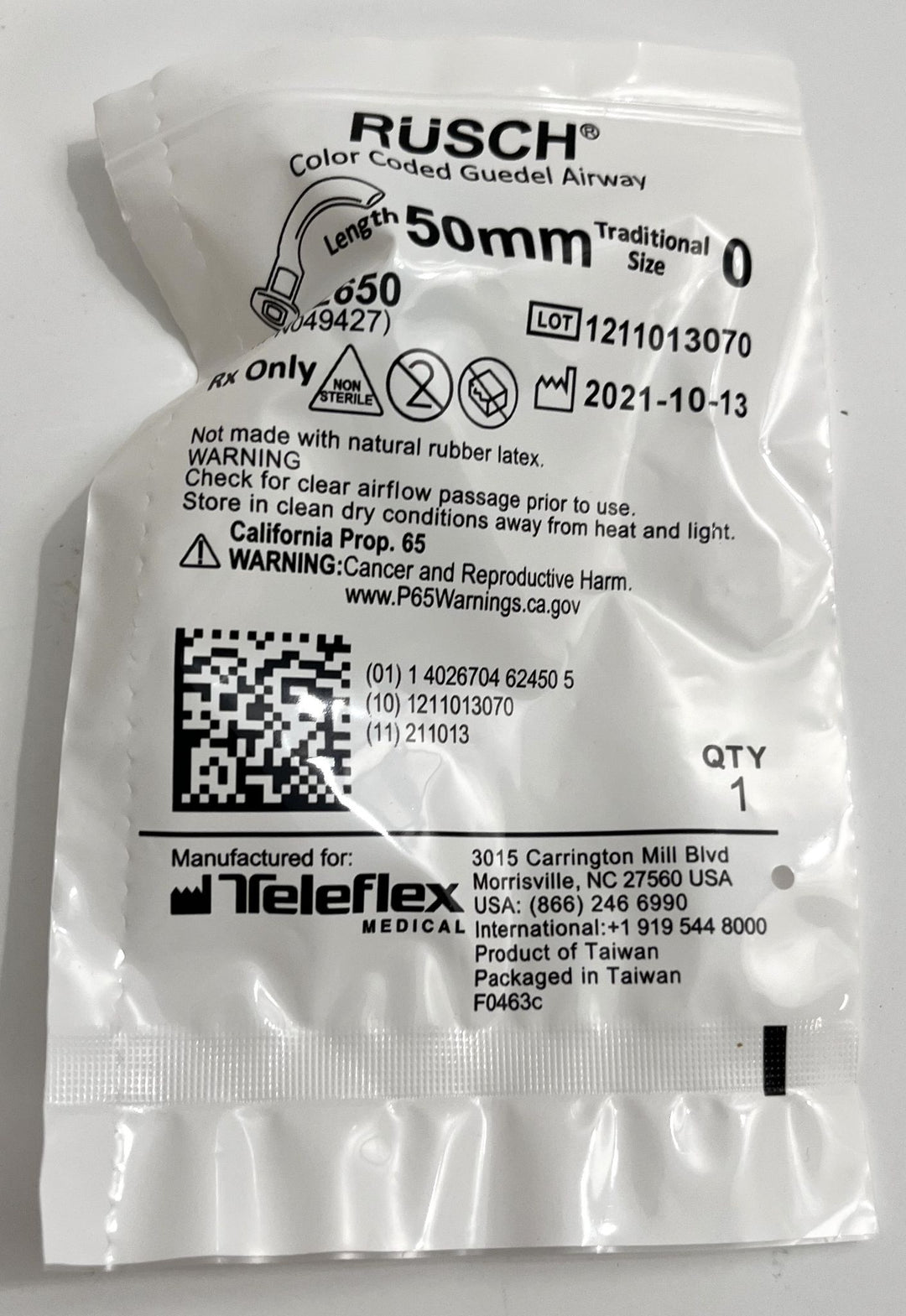 Teleflex Rusch Color Coded Guedal Airway 122650 Size 0 50mm (Box of 50)